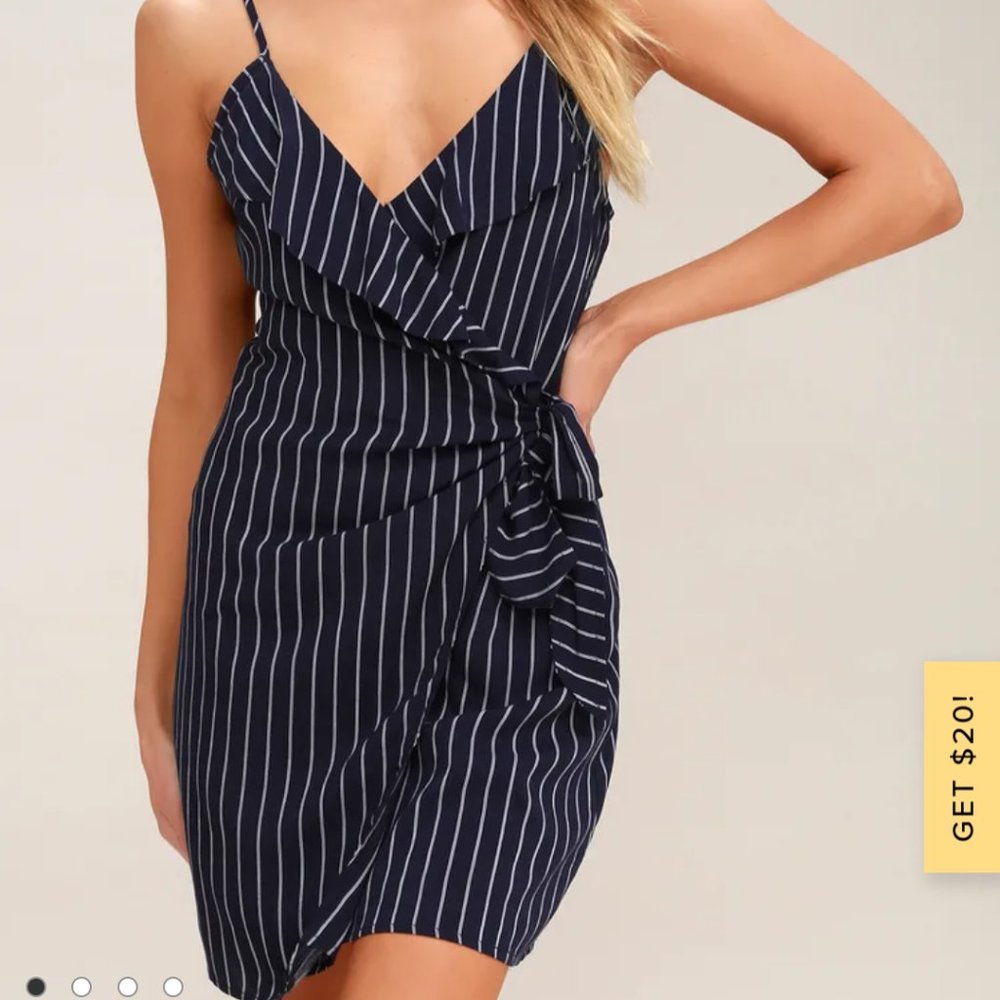 Lulu’s Carnegie Navy Blue Striped Wrap Dress